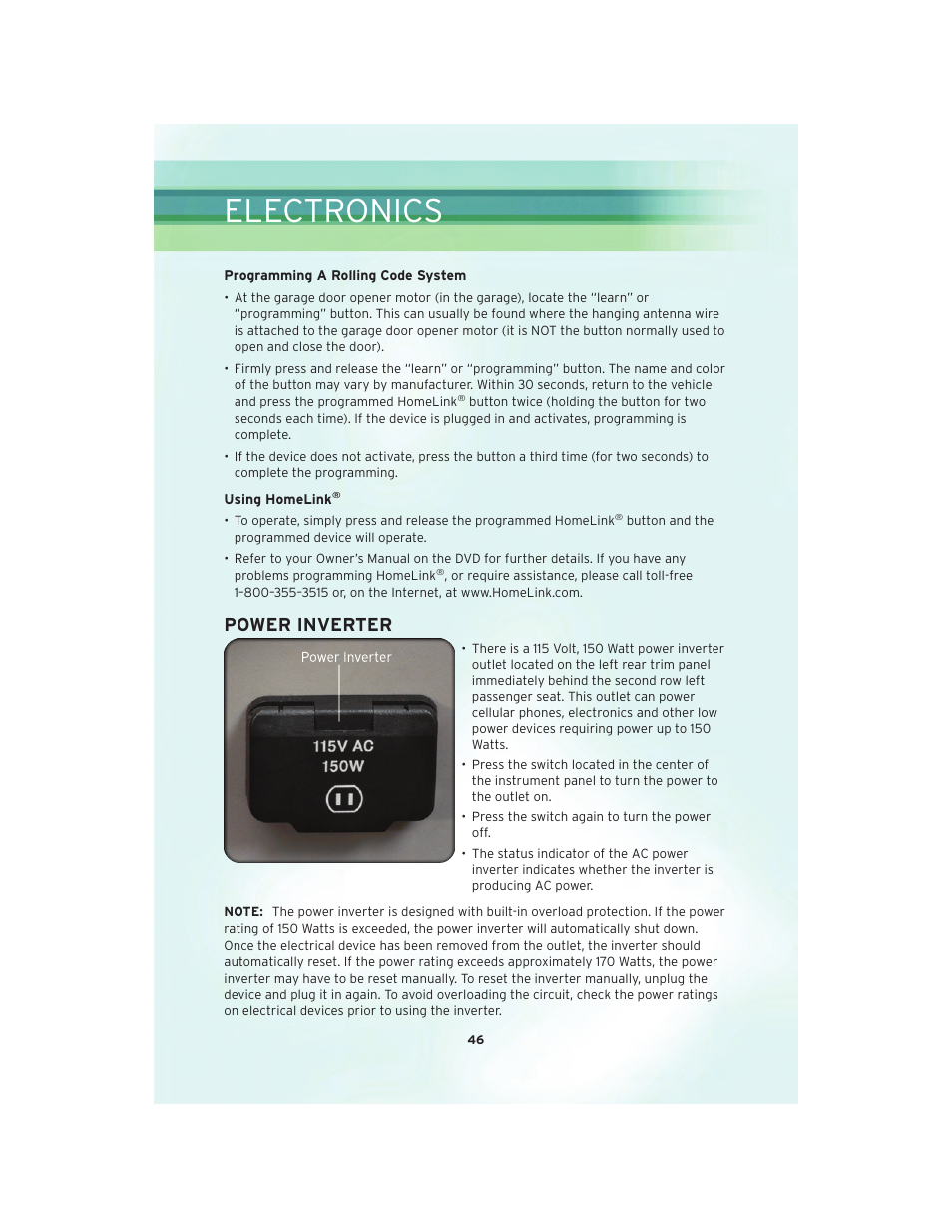 Power inverter, Electronics | Chrysler 2010 Country - User Guide User Manual | Page 48 / 92