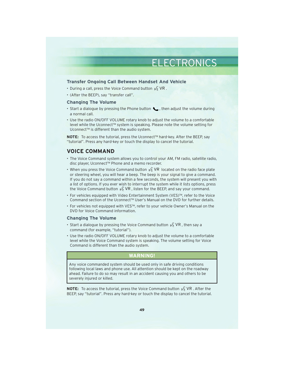Transfer ongoing call between handset and vehicle, Changing the volume, Voice command | Electronics | Chrysler 2010 Country - User Guide User Manual | Page 51 / 92