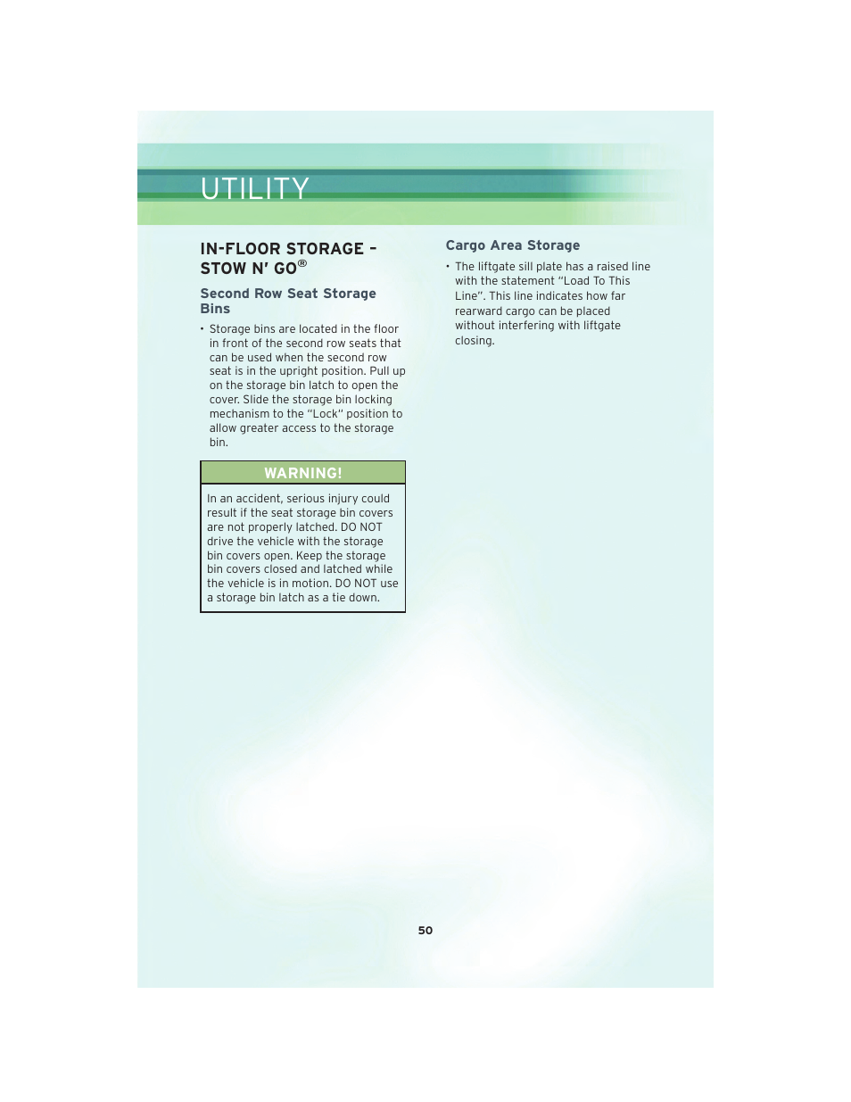 Utility, In-floor storage – stow n’ go, Second row seat storage bins | Cargo area storage | Chrysler 2010 Country - User Guide User Manual | Page 52 / 92