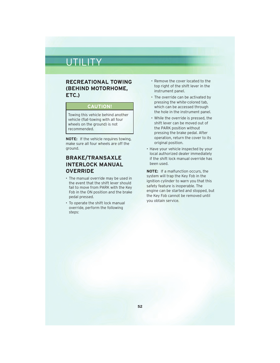 Recreational towing (behind motorhome, etc.), Brake/transaxle interlock manual override, Utility | Chrysler 2010 Country - User Guide User Manual | Page 54 / 92