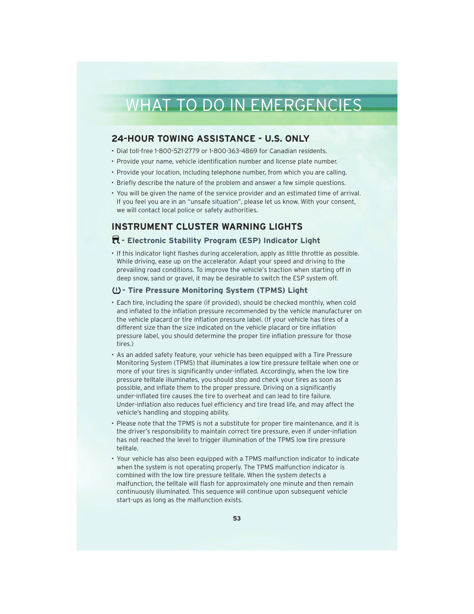 What to do in emergencies, Hour towing assistance - u.s. only, Instrument cluster warning lights | Electronic stability program (esp) indicator light, Tire pressure monitoring system (tpms) light | Chrysler 2010 Country - User Guide User Manual | Page 55 / 92