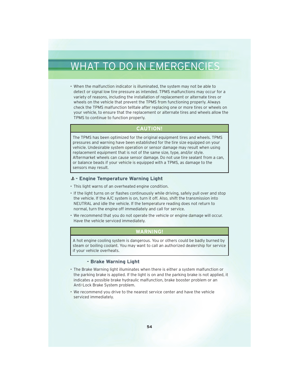 Engine temperature warning light, Brake warning light, What to do in emergencies | Chrysler 2010 Country - User Guide User Manual | Page 56 / 92