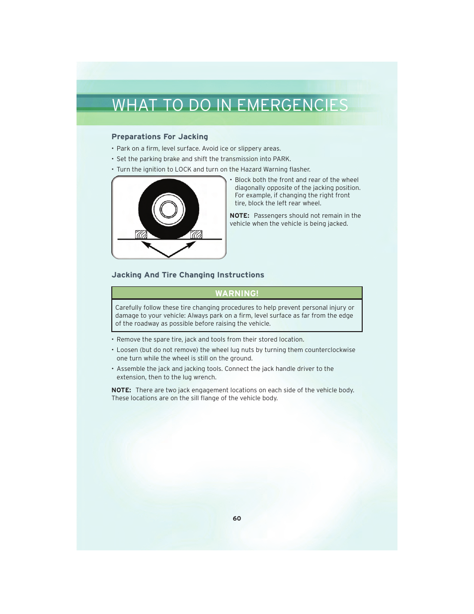 Preparations for jacking, Jacking and tire changing instructions, What to do in emergencies | Chrysler 2010 Country - User Guide User Manual | Page 62 / 92