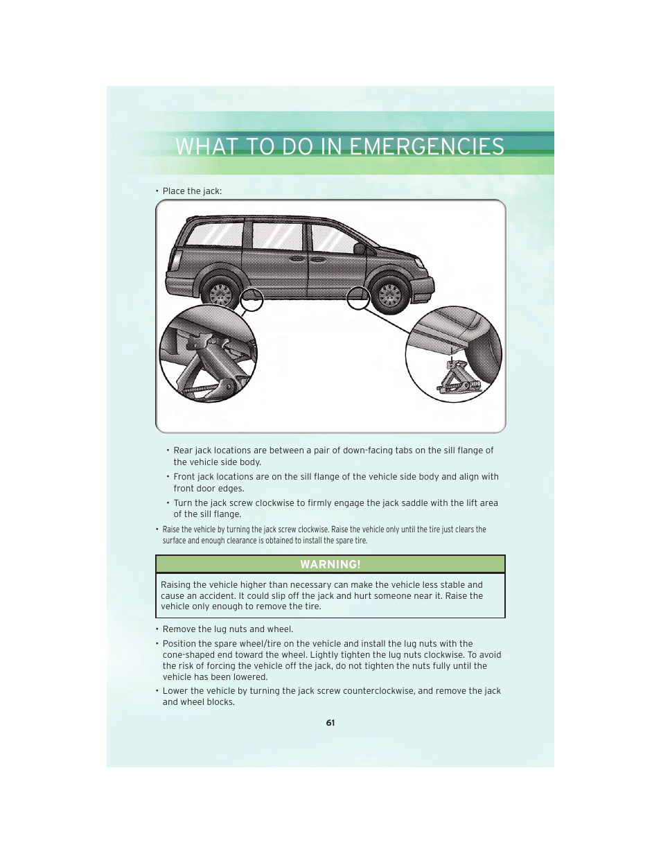 What to do in emergencies | Chrysler 2010 Country - User Guide User Manual | Page 63 / 92