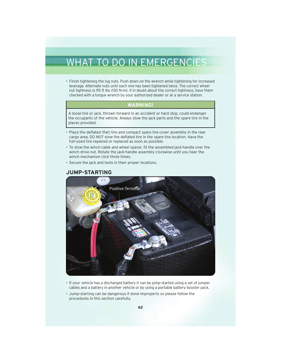 Jump-starting, What to do in emergencies | Chrysler 2010 Country - User Guide User Manual | Page 64 / 92