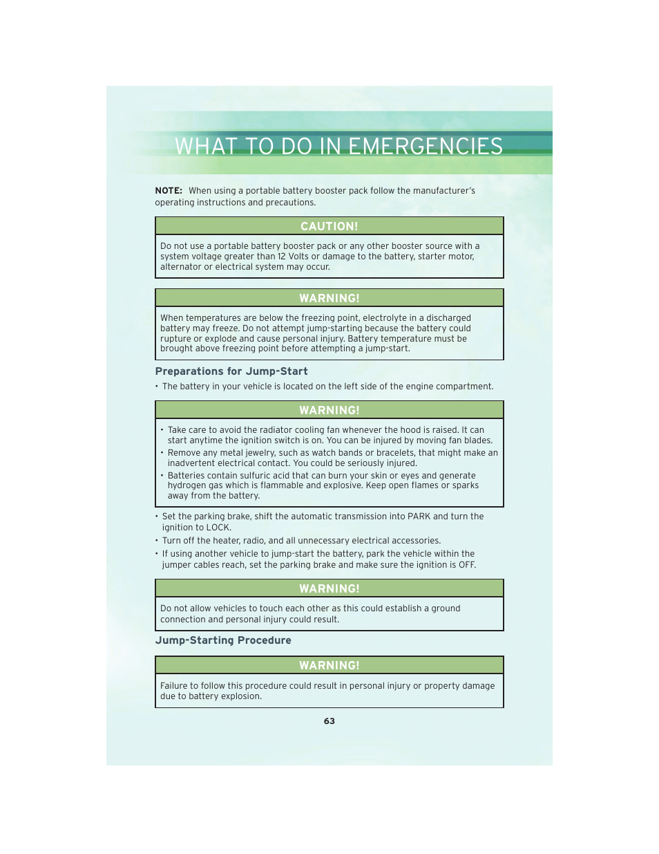 Preparations for jump-start, Jump-starting procedure, What to do in emergencies | Chrysler 2010 Country - User Guide User Manual | Page 65 / 92