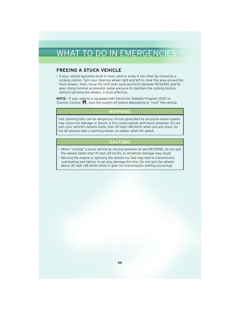 Freeing a stuck vehicle, What to do in emergencies | Chrysler 2010 Country - User Guide User Manual | Page 68 / 92