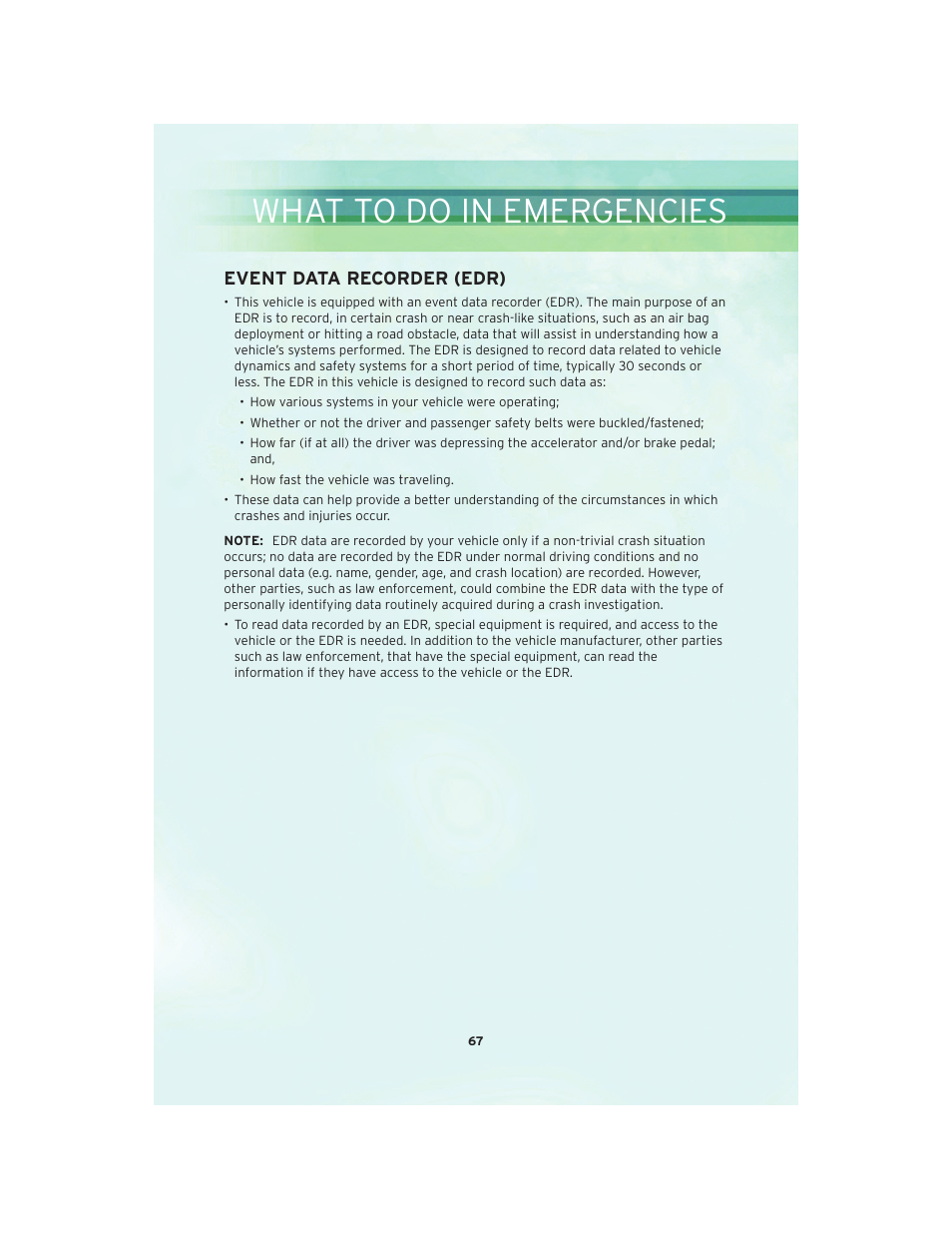 Event data recorder (edr), What to do in emergencies | Chrysler 2010 Country - User Guide User Manual | Page 69 / 92