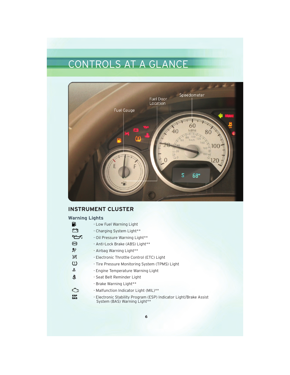Instrument cluster, Warning lights, Controls at a glance | Chrysler 2010 Country - User Guide User Manual | Page 8 / 92