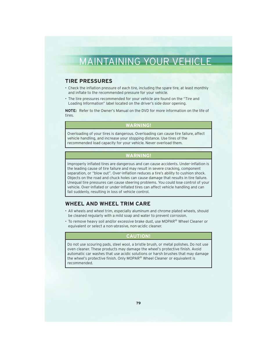 Tire pressures, Wheel and wheel trim care, Maintaining your vehicle | Chrysler 2010 Country - User Guide User Manual | Page 81 / 92