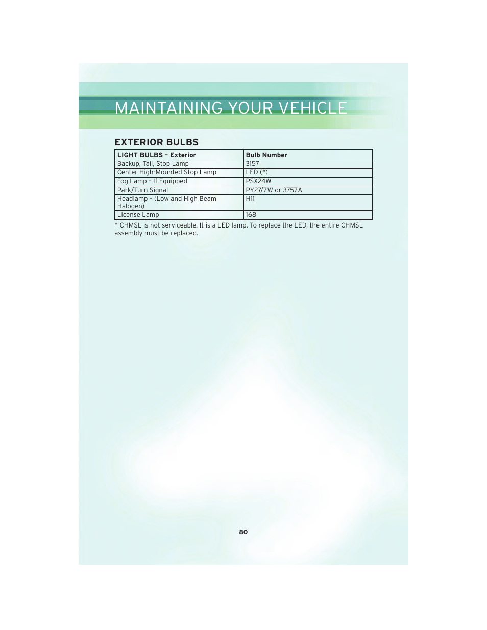 Exterior bulbs, Maintaining your vehicle | Chrysler 2010 Country - User Guide User Manual | Page 82 / 92