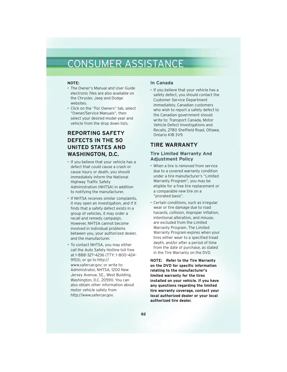 In canada, Tire warranty, Tire limited warranty and adjustment policy | Consumer assistance | Chrysler 2010 Country - User Guide User Manual | Page 84 / 92