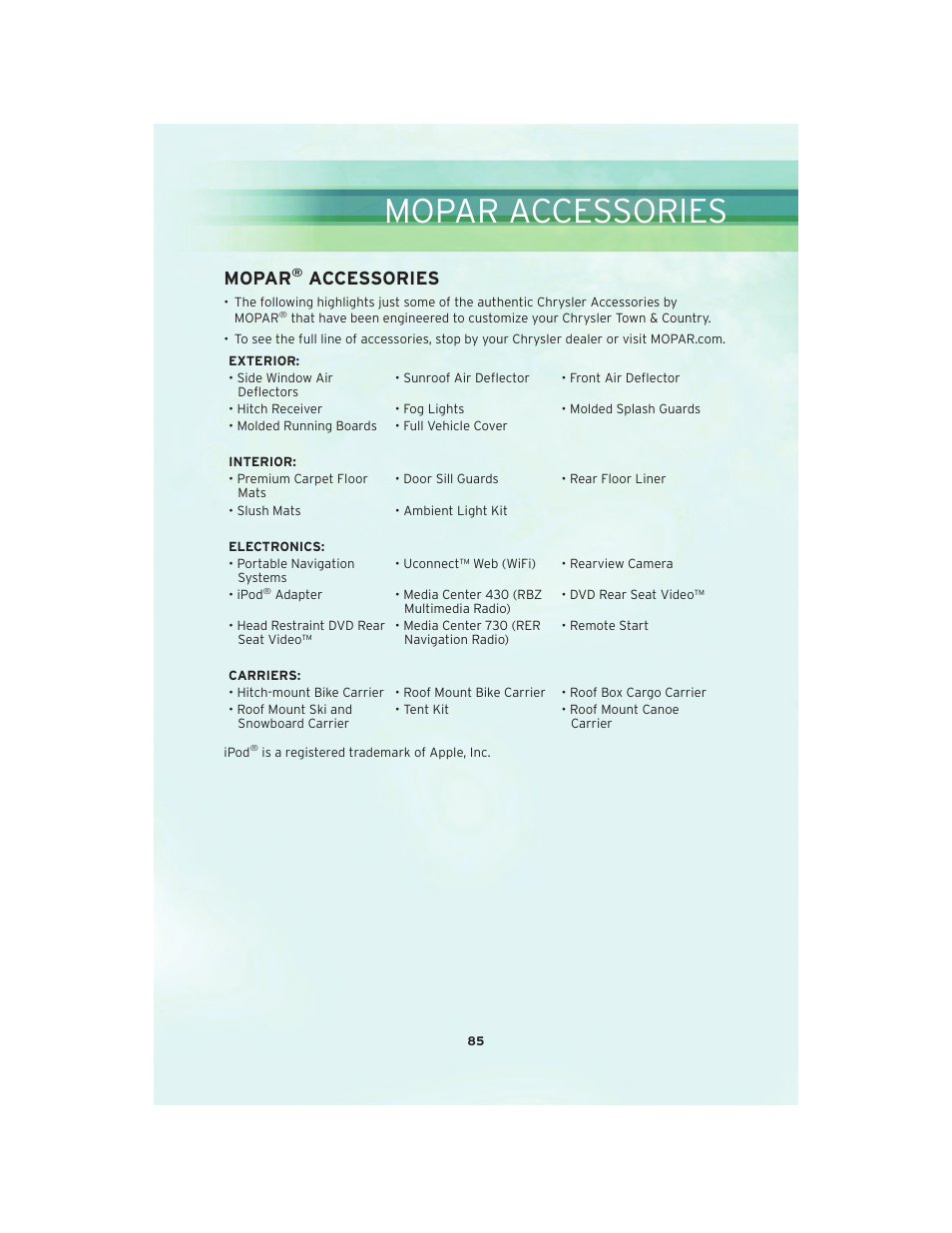 Mopar accessories, Mopar® accessories, Mopar | Accessories | Chrysler 2010 Country - User Guide User Manual | Page 87 / 92