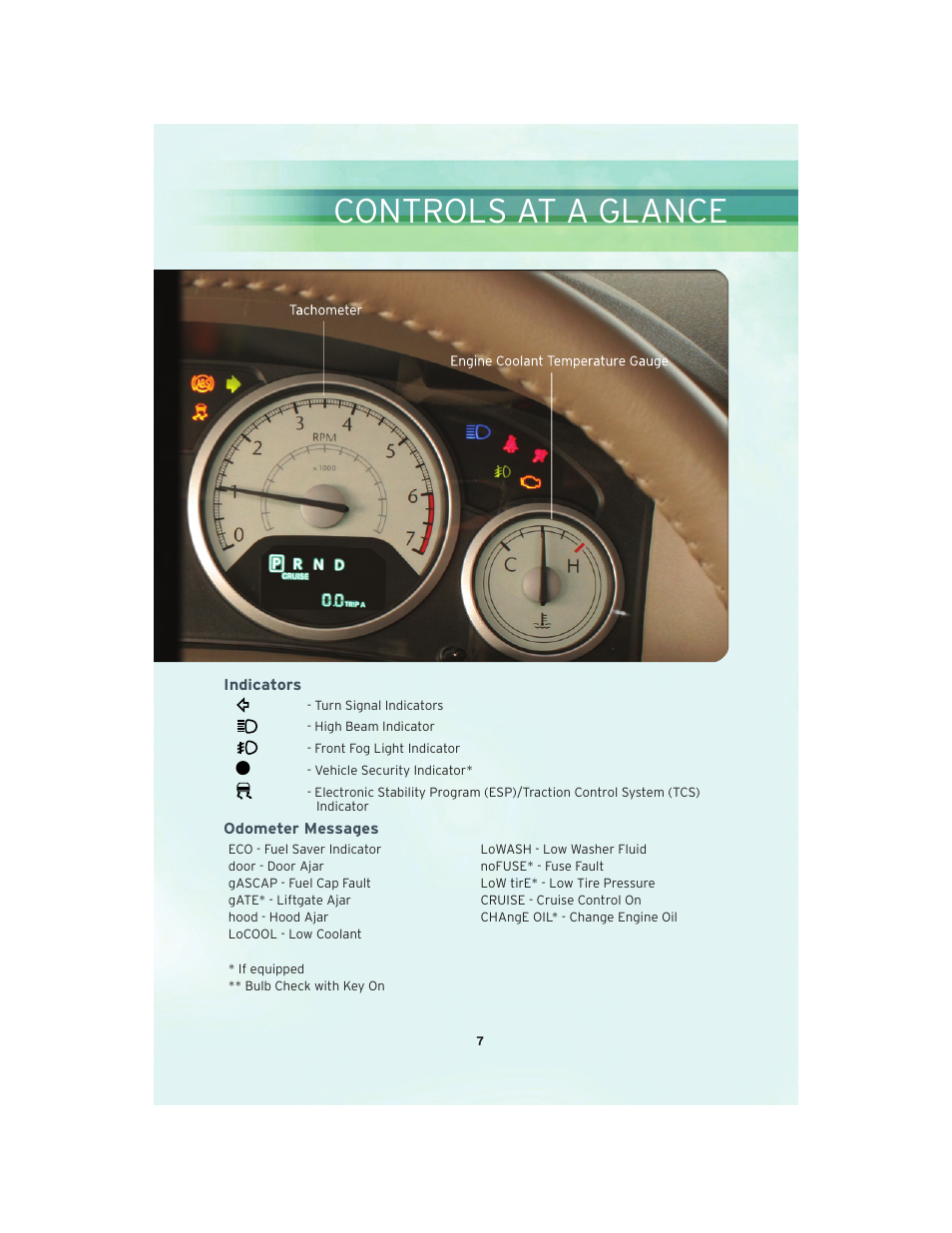 Indicators, Odometer messages, Controls at a glance | Chrysler 2010 Country - User Guide User Manual | Page 9 / 92