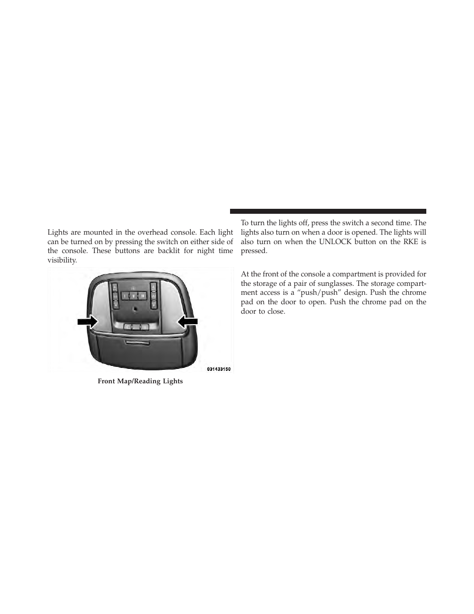 Front map/reading lights, Sunglass bin door | Chrysler 2011 300 - Owner Manual User Manual | Page 224 / 536