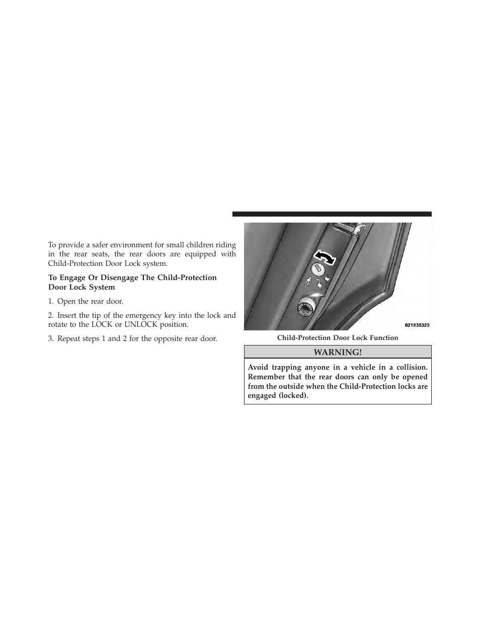 Child-protection door lock system — rear doors, Child-protection door lock system — rear, Doors | Chrysler 2011 300 - Owner Manual User Manual | Page 34 / 536