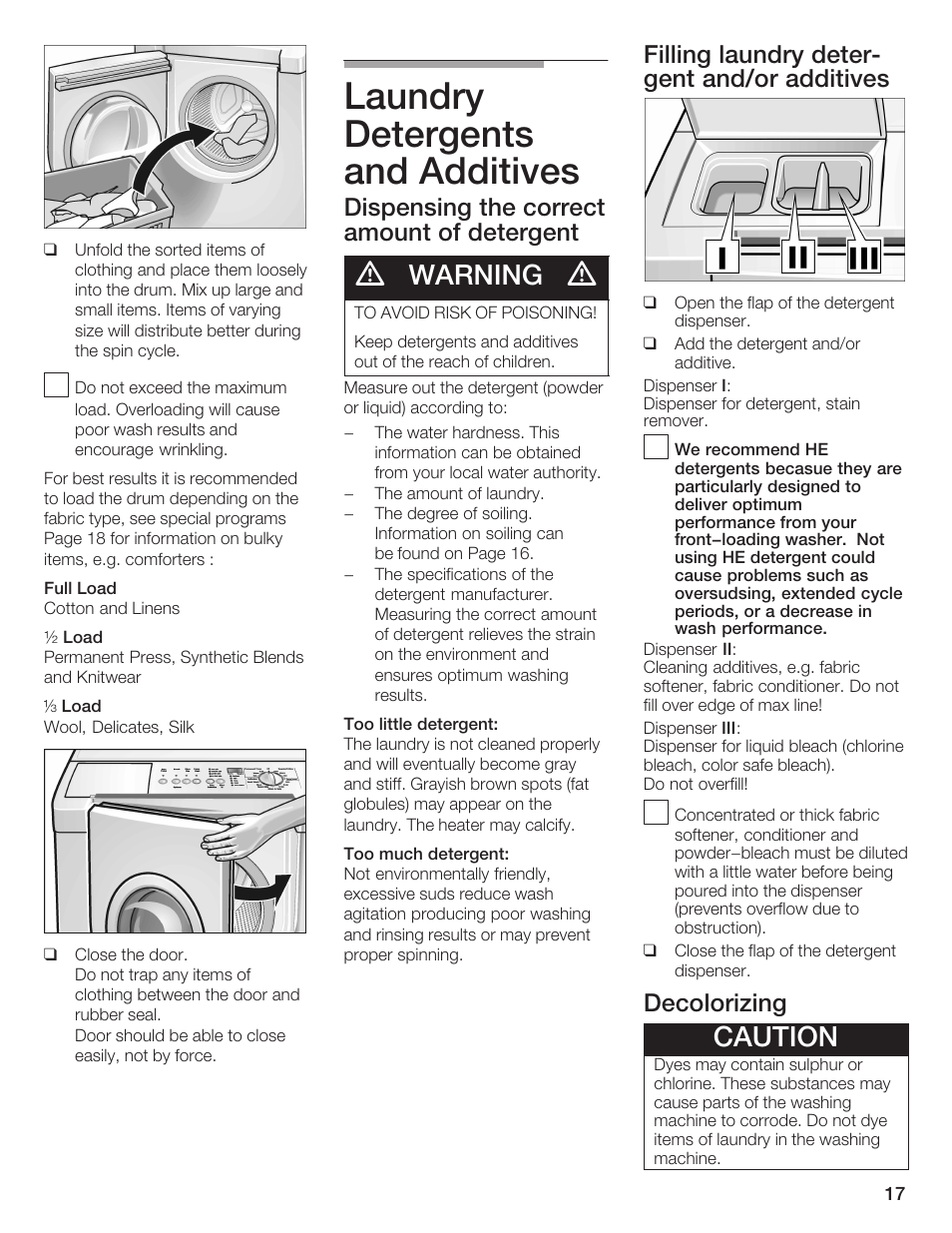 Laundry detergents and additives, Warning, Caution | Dispensing the correct amount of detergent, Filling laundry deterć gent and/or additives, Decolorizing | Bosch Nexxt DLX User Manual | Page 17 / 93