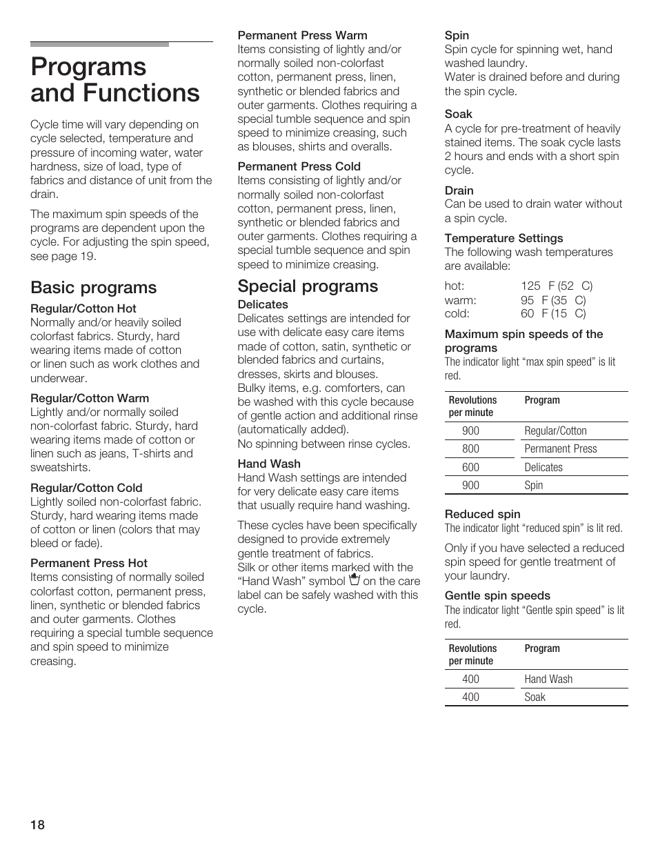 Programs and functions, Basic programs, Special programs | Bosch Nexxt DLX User Manual | Page 18 / 93