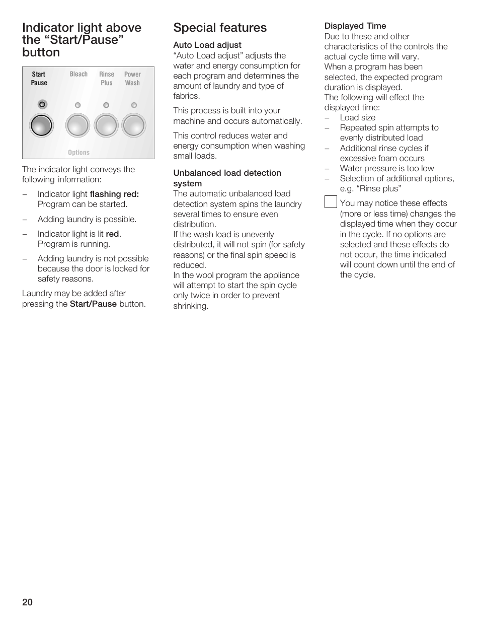 Indicator light above the start/pause" button, Special features | Bosch Nexxt DLX User Manual | Page 20 / 93