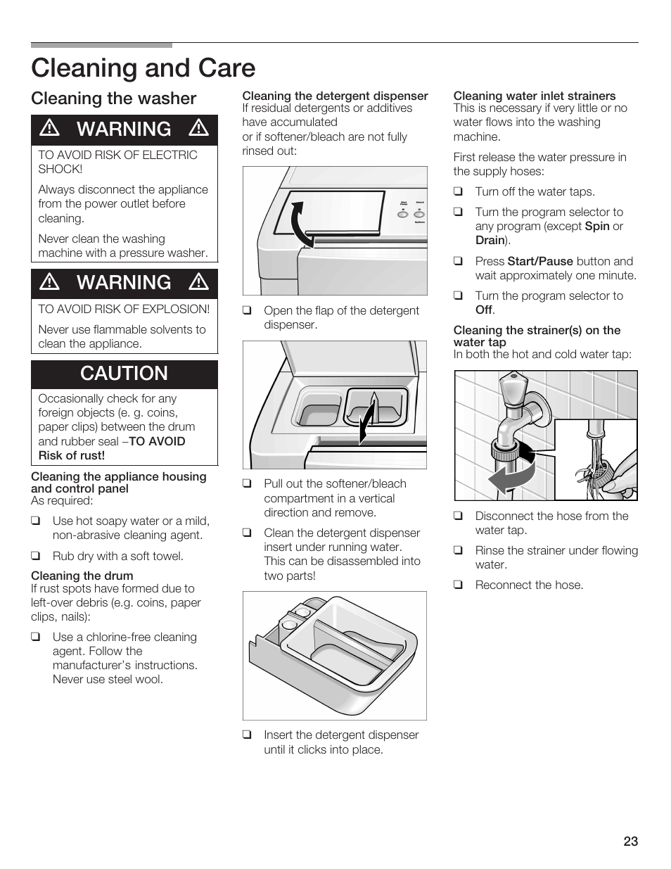 Cleaning and care, Warning, Caution | Cleaning the washer | Bosch Nexxt DLX User Manual | Page 23 / 93