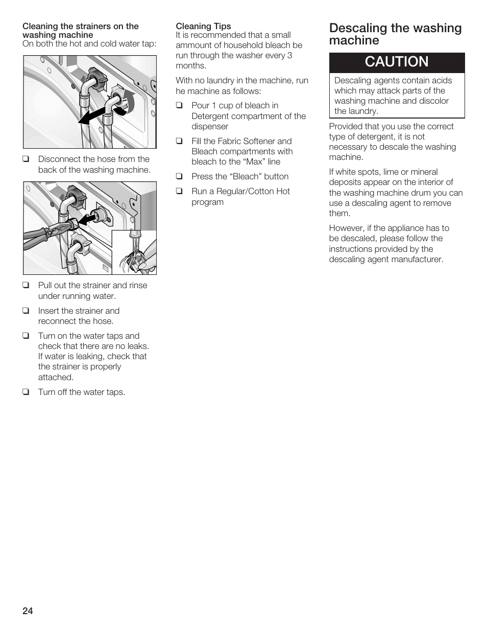 Caution, Descaling the washing machine | Bosch Nexxt DLX User Manual | Page 24 / 93