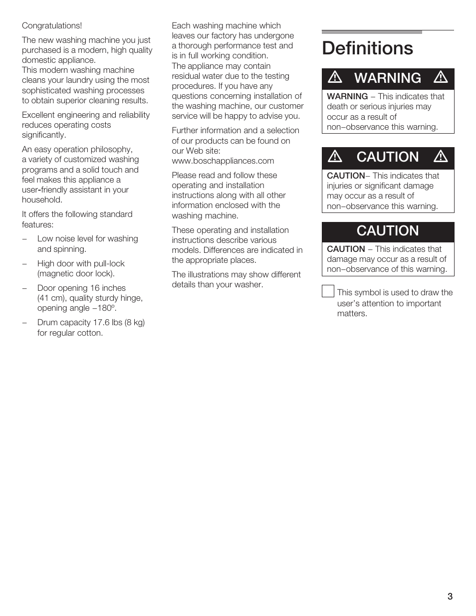 Definitions, Warning, Caution | Bosch Nexxt DLX User Manual | Page 3 / 93