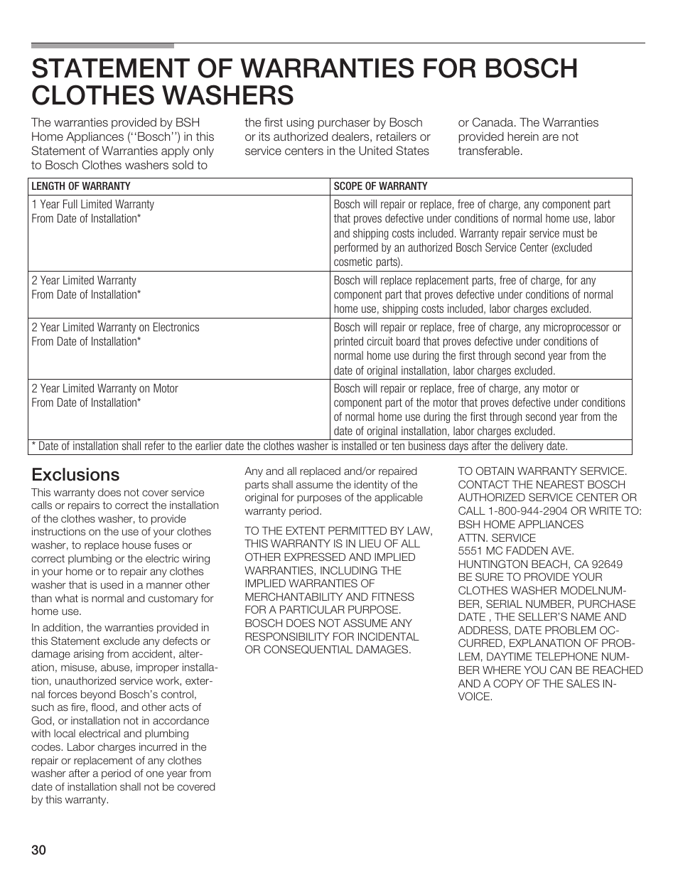 Statement of warranties for bosch clothes washers, Exclusions | Bosch Nexxt DLX User Manual | Page 30 / 93