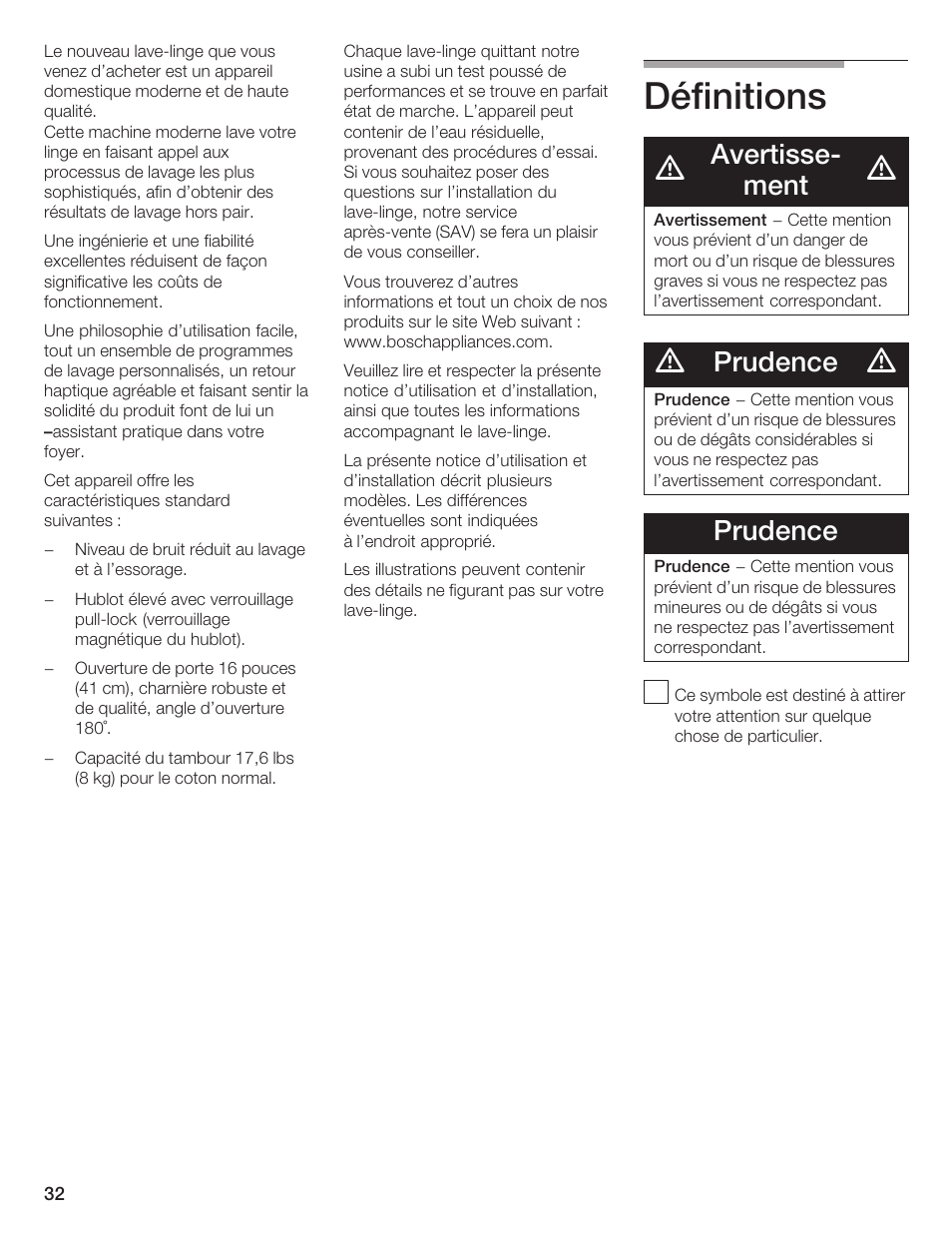 Définitions, Avertisseć ment, Prudence | Bosch Nexxt DLX User Manual | Page 32 / 93