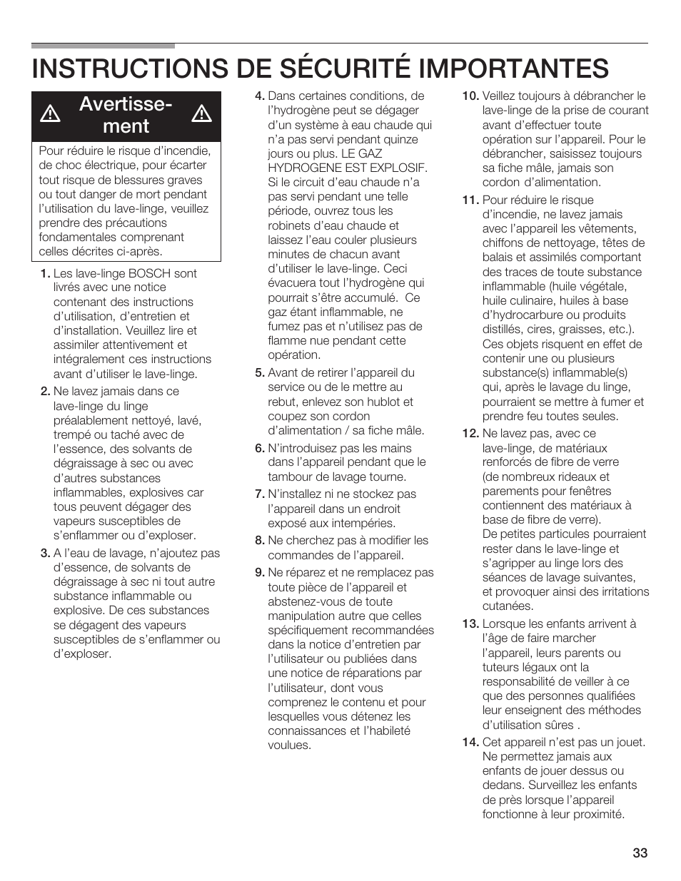 Instructions de sécurité importantes, Avertisseć ment | Bosch Nexxt DLX User Manual | Page 33 / 93