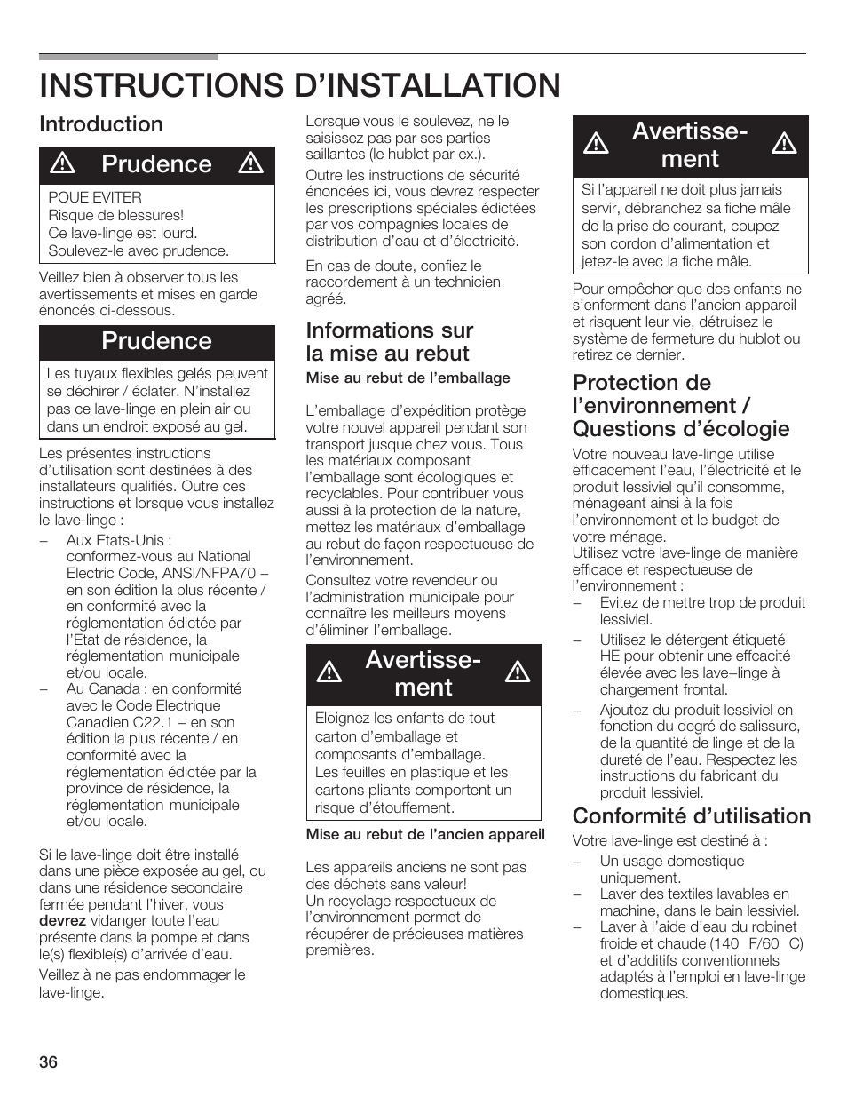 Instructions d'installation, Prudence, Avertisseć ment | Bosch Nexxt DLX User Manual | Page 36 / 93