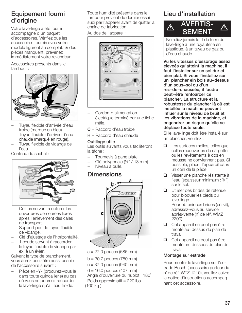 Avertisć sement, Equipement fourni d'origine, Dimensions | Lieu d'installation | Bosch Nexxt DLX User Manual | Page 37 / 93