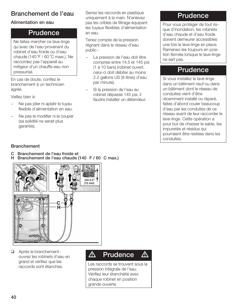 Prudence, Branchement de l'eau | Bosch Nexxt DLX User Manual | Page 40 / 93