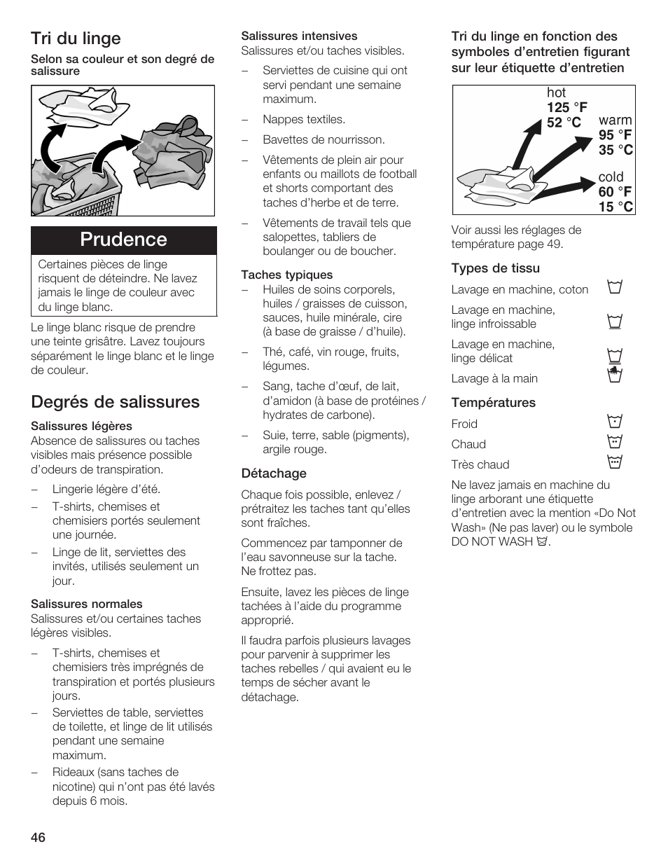 Prudence, Tri du linge, Degrés de salissures | Bosch Nexxt DLX User Manual | Page 46 / 93