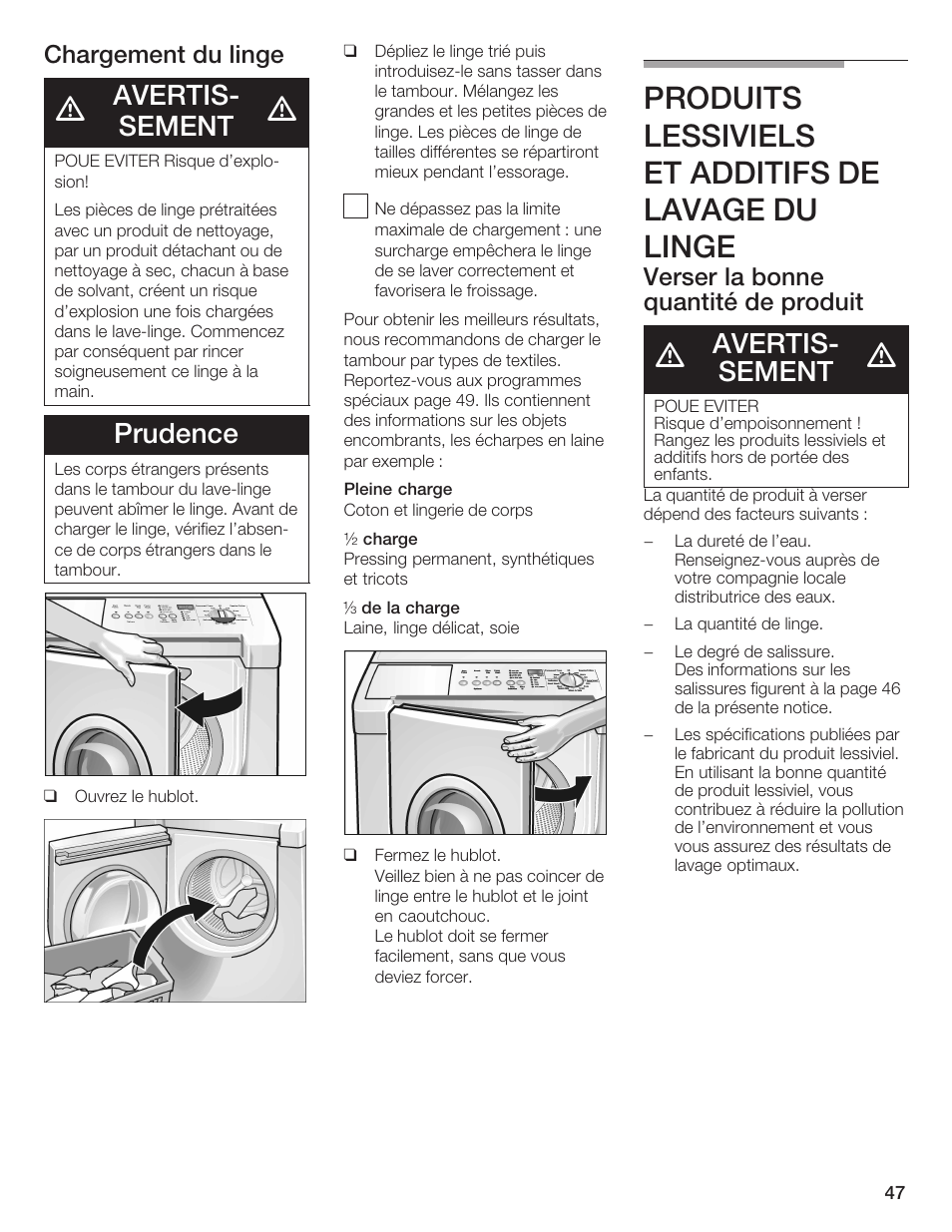 Produits lessiviels et additifs de lavage du linge, Avertisć sement, Prudence | Bosch Nexxt DLX User Manual | Page 47 / 93