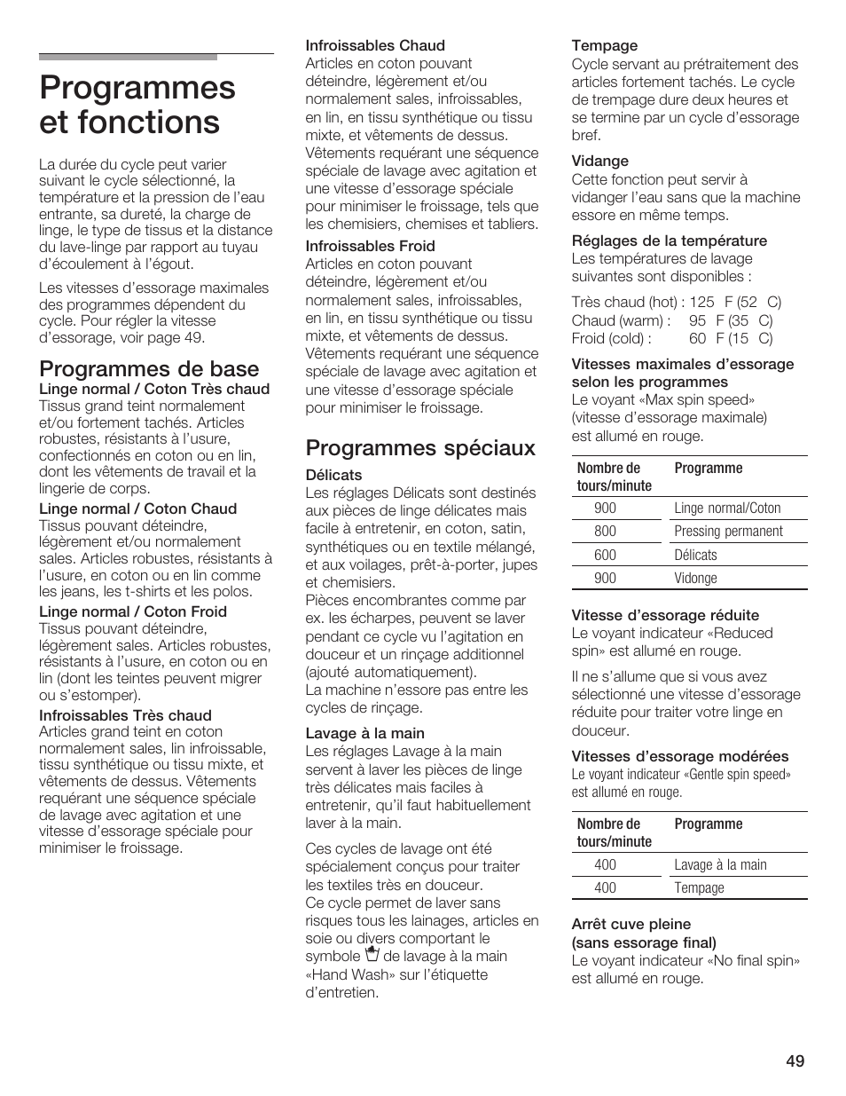 Programmes et fonctions, Programmes de base, Programmes spéciaux | Bosch Nexxt DLX User Manual | Page 49 / 93