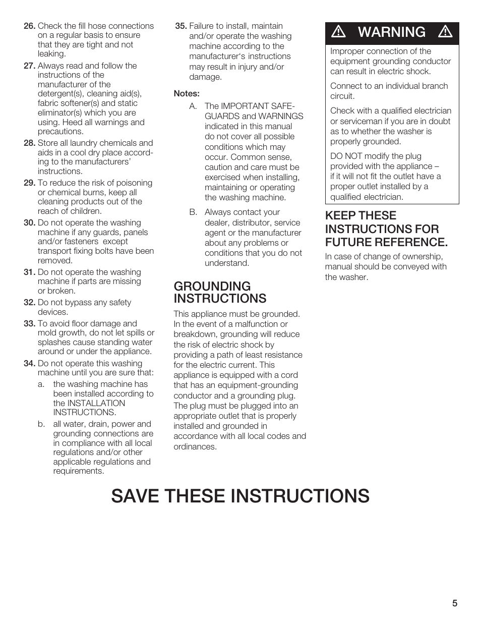 Save these instructions, Warning, Grounding instructions | Keep these instructions for future reference | Bosch Nexxt DLX User Manual | Page 5 / 93