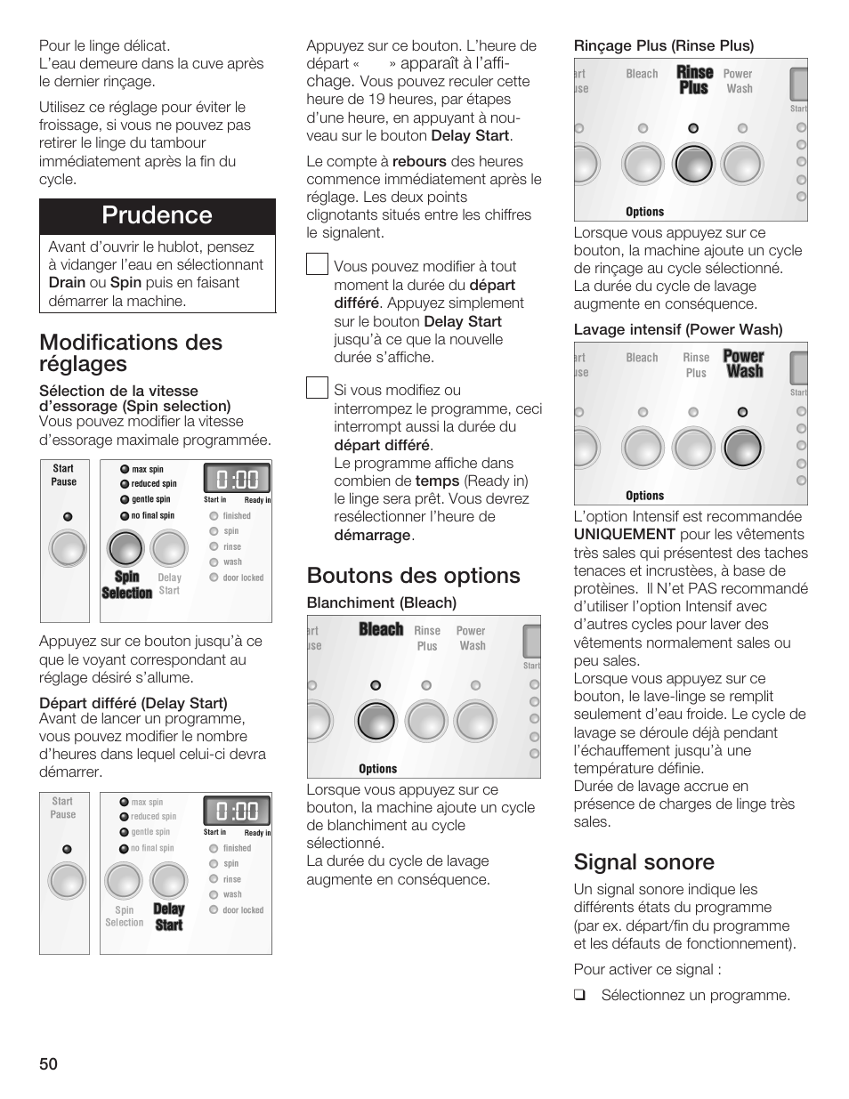 Prudence, Modifications des réglages, Boutons des options | Signal sonore | Bosch Nexxt DLX User Manual | Page 50 / 93