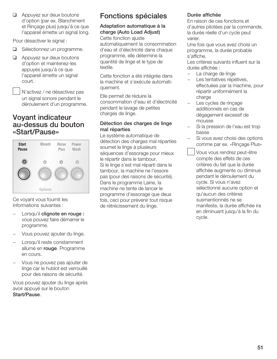 Voyant indicateur aućdessus du bouton «start/pause, Fonctions spéciales | Bosch Nexxt DLX User Manual | Page 51 / 93