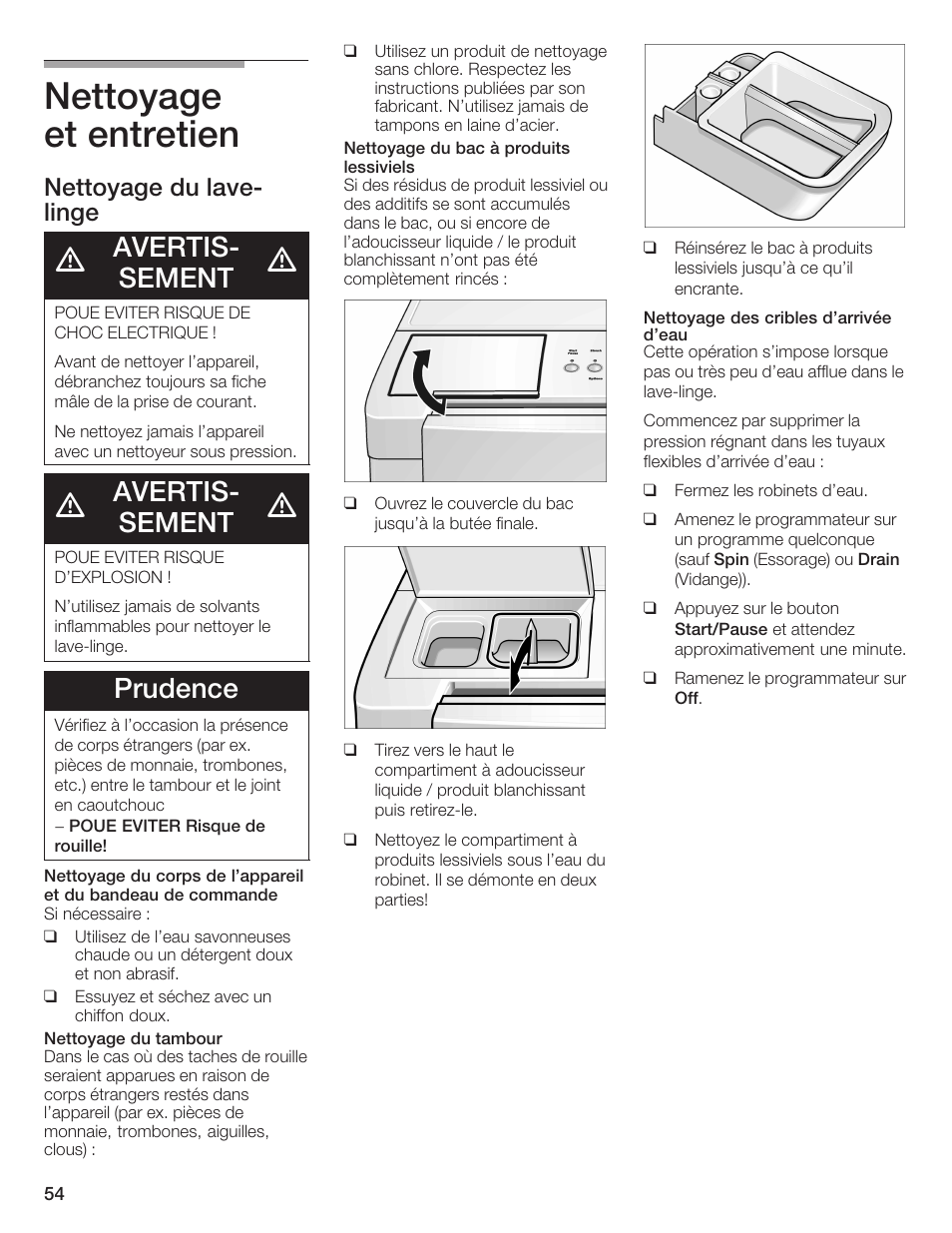 Nettoyage et entretien, Avertisć sement, Prudence | Nettoyage du laveć linge | Bosch Nexxt DLX User Manual | Page 54 / 93