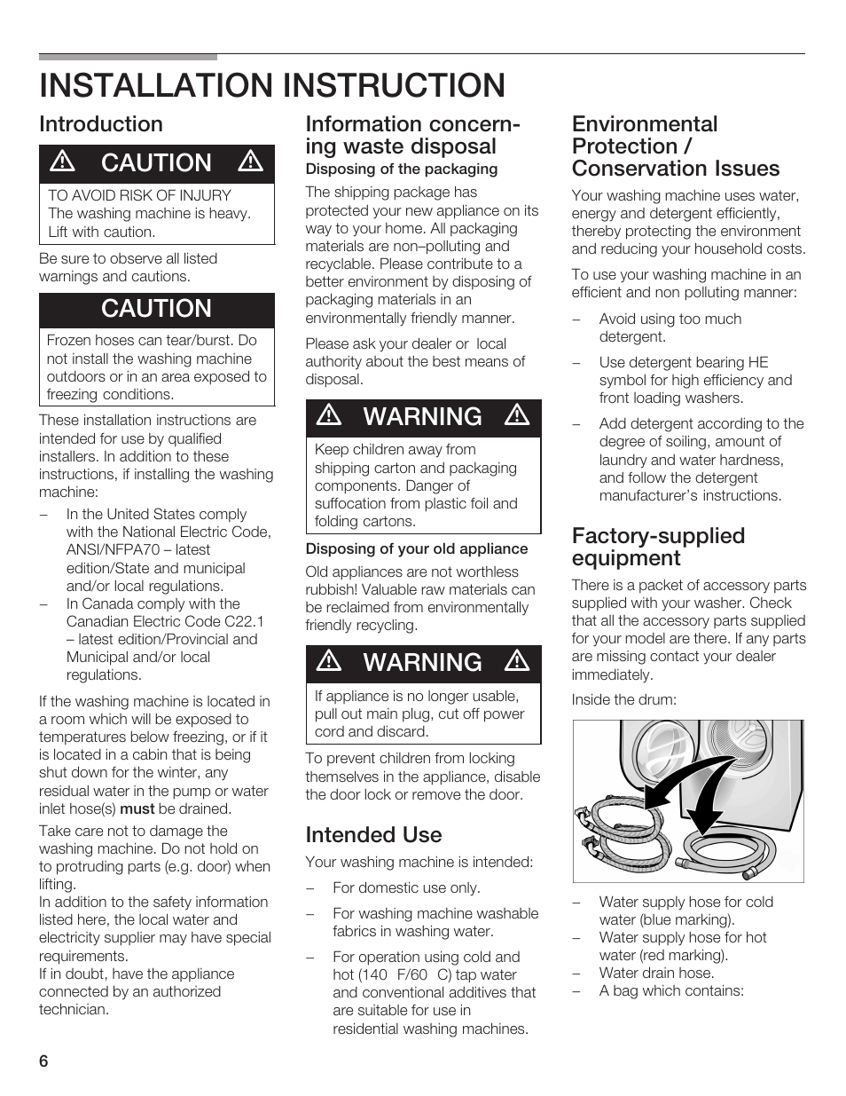 Installation instruction, Caution, Warning | Introduction, Information concernć ing waste disposal, Intended use, Environmental protection / conservation issues, Factoryćsupplied equipment | Bosch Nexxt DLX User Manual | Page 6 / 93