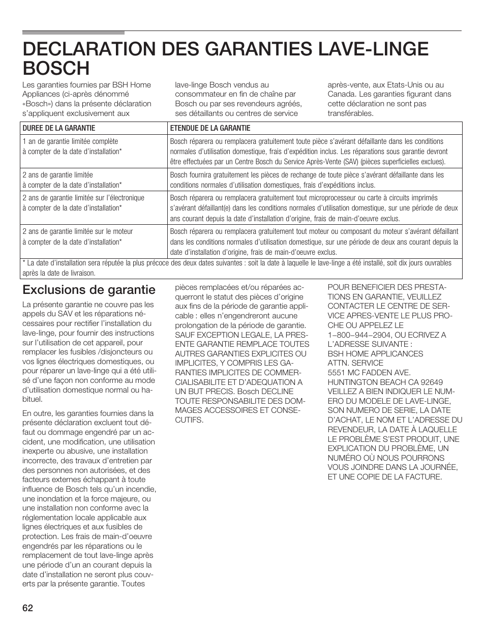 Declaration des garanties lavećlinge bosch, Exclusions de garantie | Bosch Nexxt DLX User Manual | Page 62 / 93