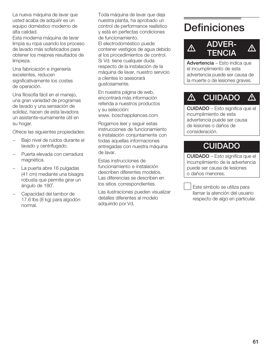 Definiciones, Adverć tencia, Cuidado | Bosch Nexxt DLX User Manual | Page 64 / 93