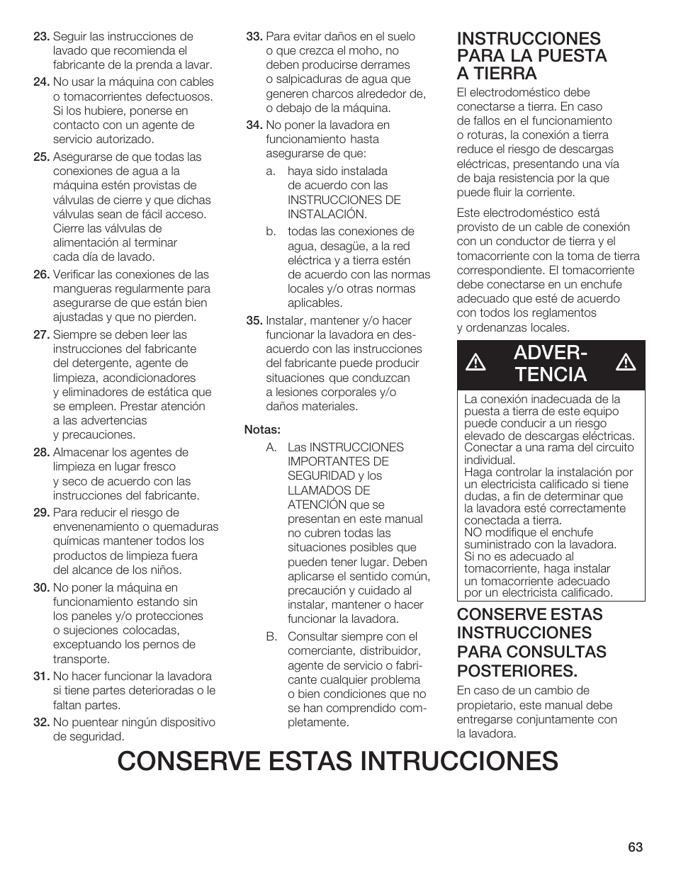 Conserve estas intrucciones, Adverć tencia, Instrucciones para la puesta aătierra | Bosch Nexxt DLX User Manual | Page 66 / 93