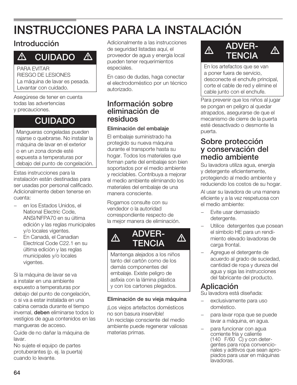 Instrucciones para la instalación, Cuidado, Adverć tencia | Bosch Nexxt DLX User Manual | Page 67 / 93