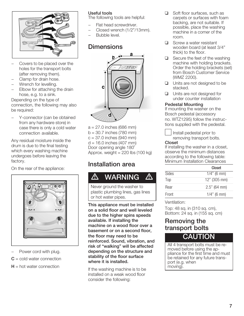 Warning, Caution, Dimensions | Installation area, Removing the transport bolts | Bosch Nexxt DLX User Manual | Page 7 / 93