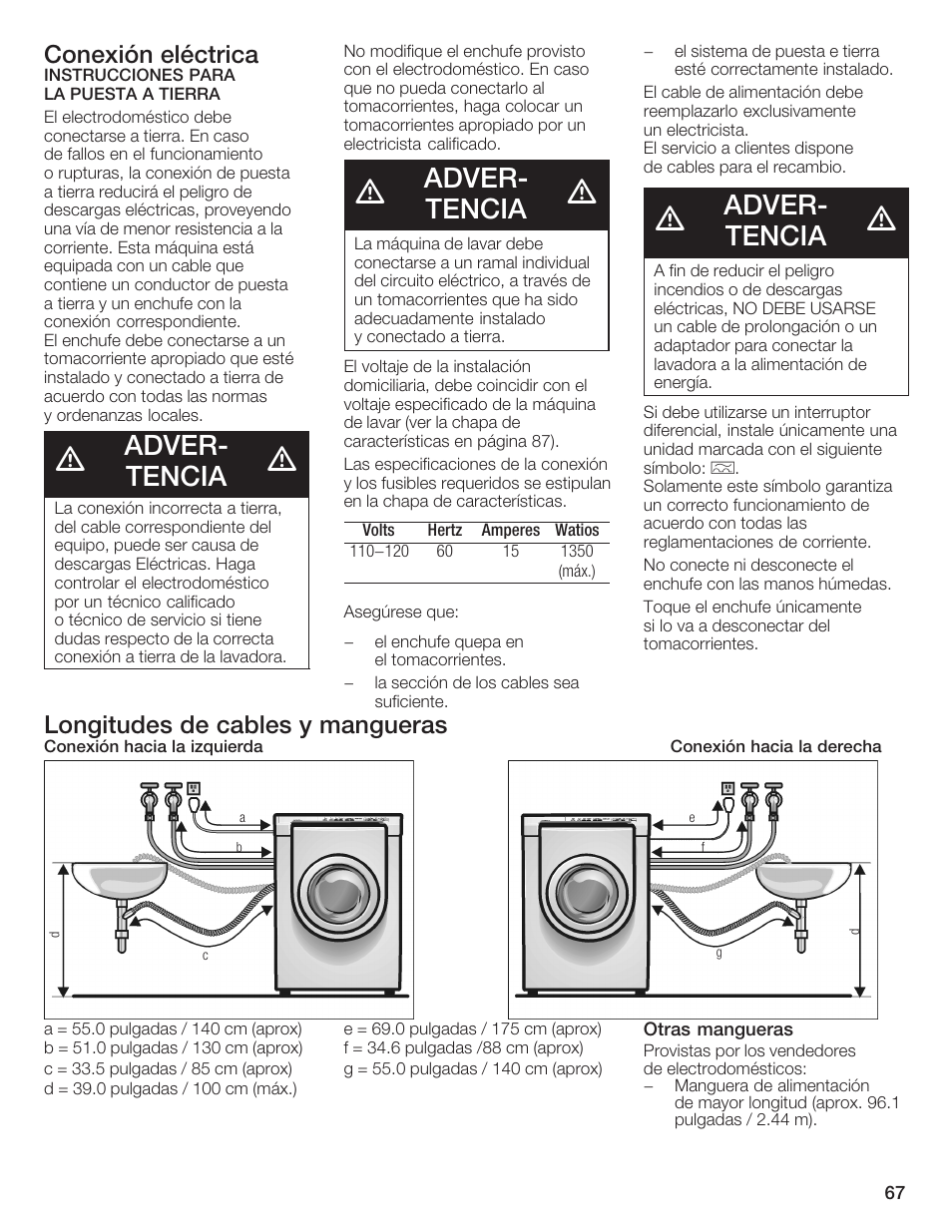 Adverć tencia, Conexión eléctrica, Longitudes de cables y mangueras | Bosch Nexxt DLX User Manual | Page 70 / 93