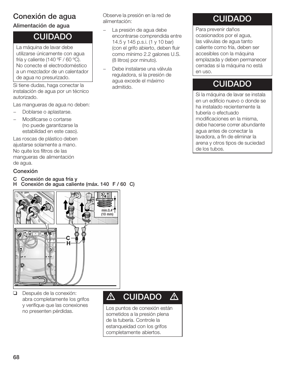 Cuidado, Conexión de agua | Bosch Nexxt DLX User Manual | Page 71 / 93