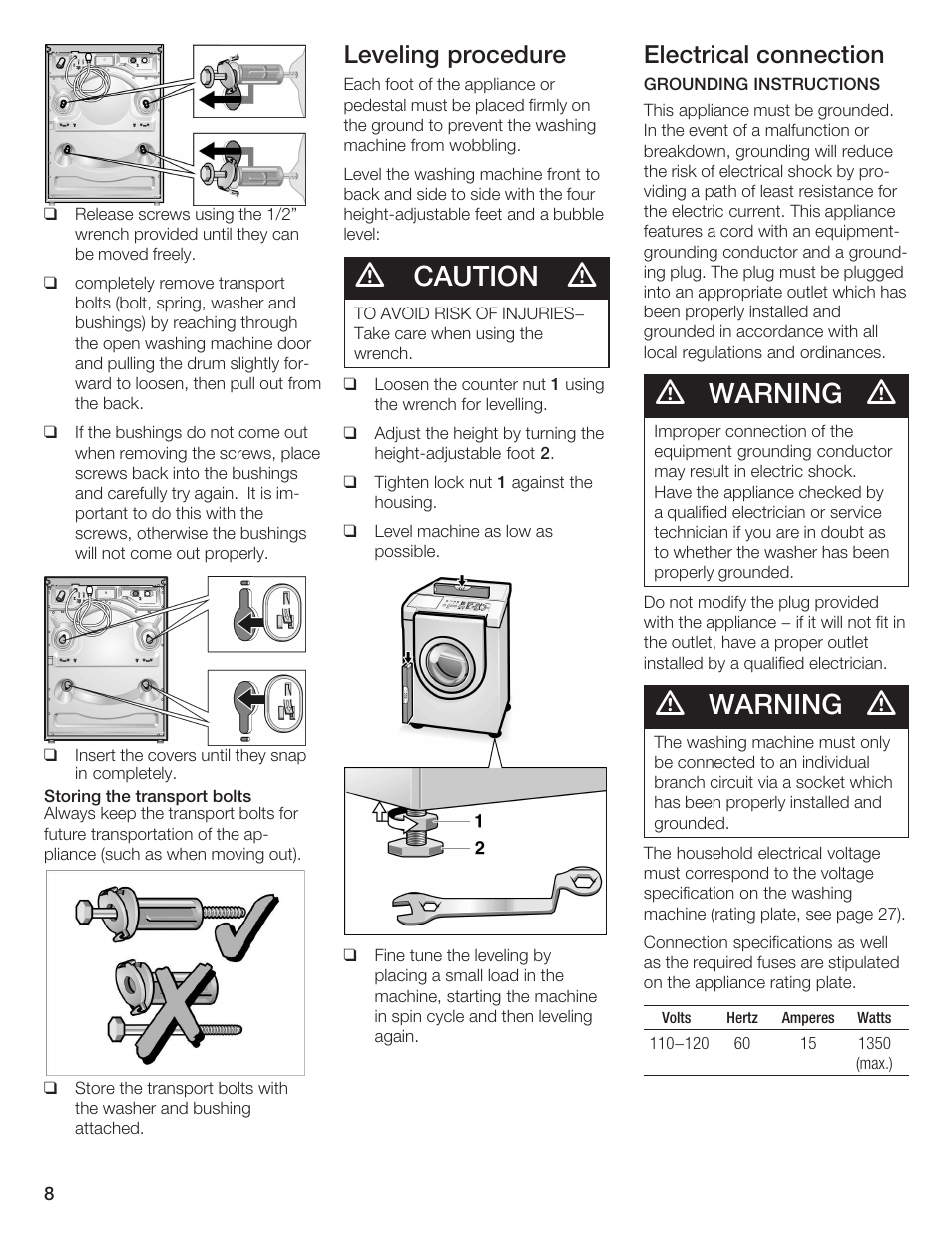 Caution, Warning, Leveling procedure | Electrical connection | Bosch Nexxt DLX User Manual | Page 8 / 93