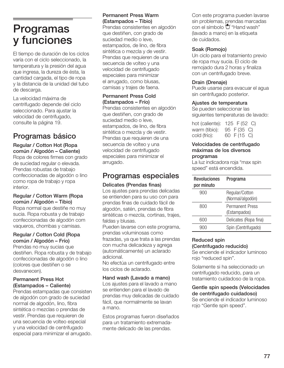 Programas yăfunciones, Programas básico, Programas especiales | Bosch Nexxt DLX User Manual | Page 80 / 93