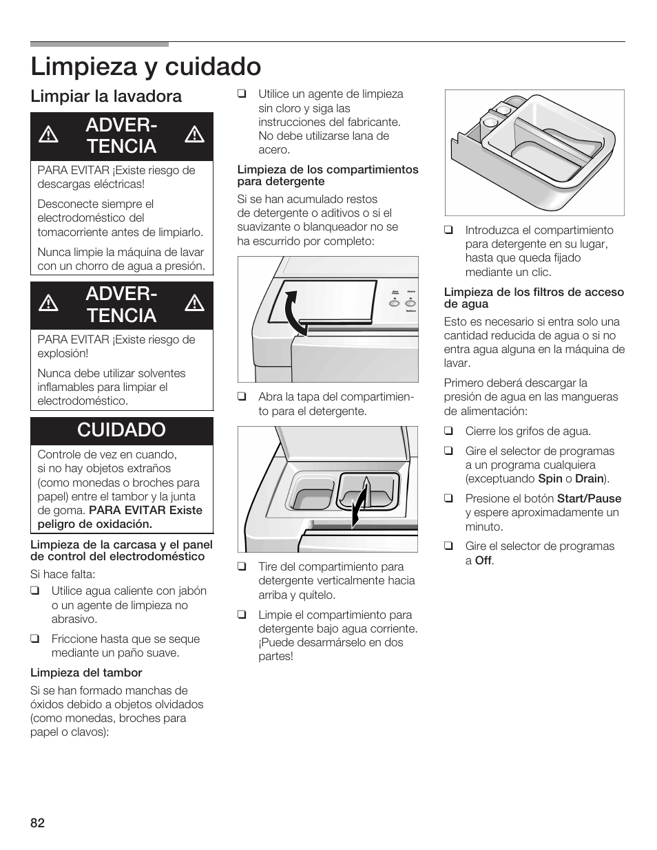 Limpieza y cuidado, Adverć tencia, Cuidado | Limpiar la lavadora | Bosch Nexxt DLX User Manual | Page 85 / 93